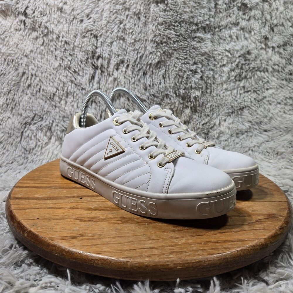 Guess Lace Up Low Sneakers Womens Size 8.5M White/Gold & Branding Accents Casual